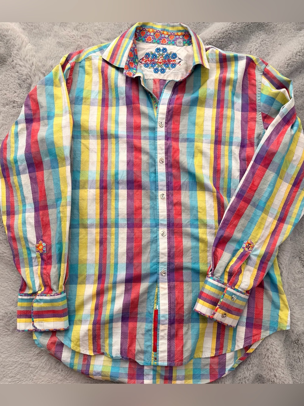Robert Graham Limited Edition Shirt L Large Multicolor Plaid Floral Embroidered